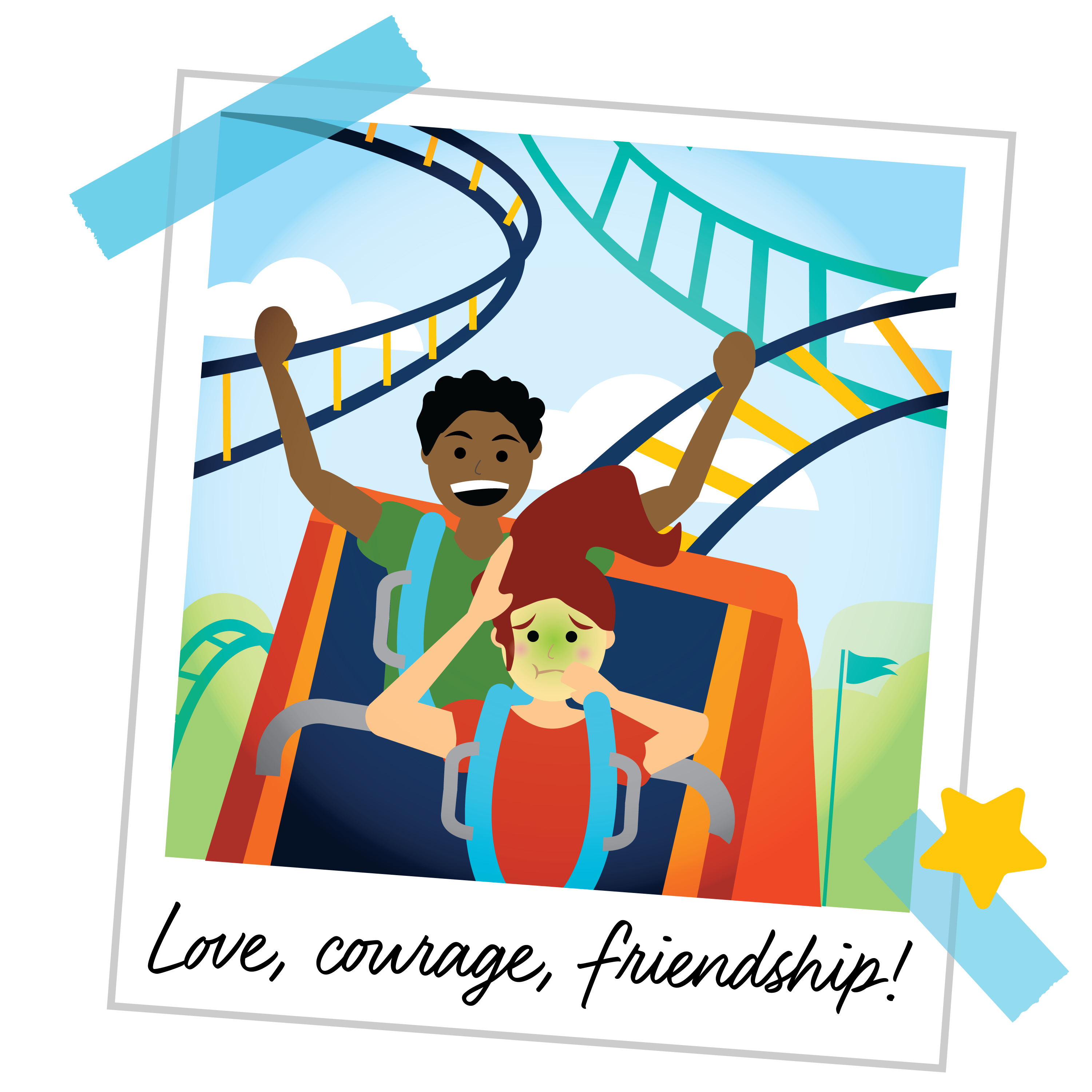 polaroid photo style cartoon image of two students on a roller coaster: one cheering, and one looking sick; love, courage, friendship written on the bottom of the image 