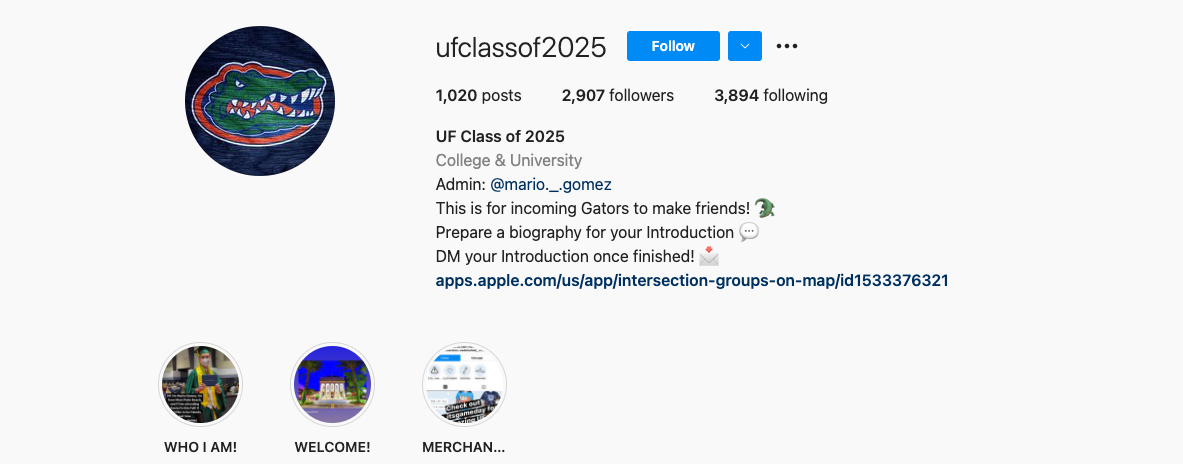a screenshot of the UF class of 2025 Instagram Profile