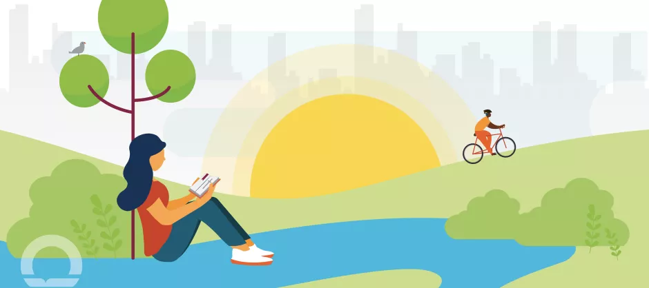 Graphic woman in foregrand sitting reading a book, with the sun rising in the middle, and background man riding a bike