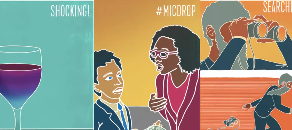 girl on phone/wine glass/two people talking/man running with binoculars/sushi