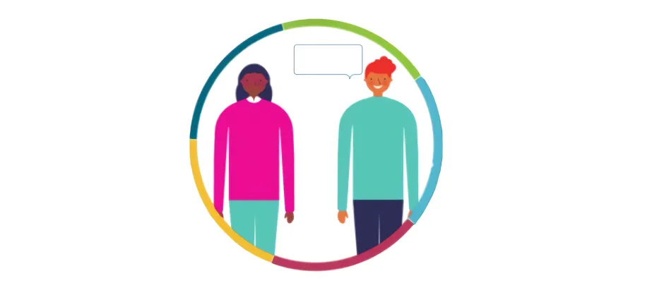 two people standing inside of a multicolor ring