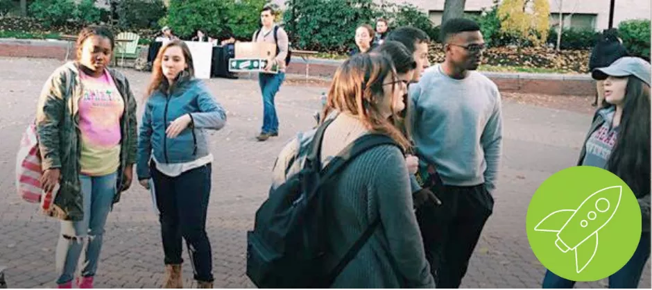 students talking outside