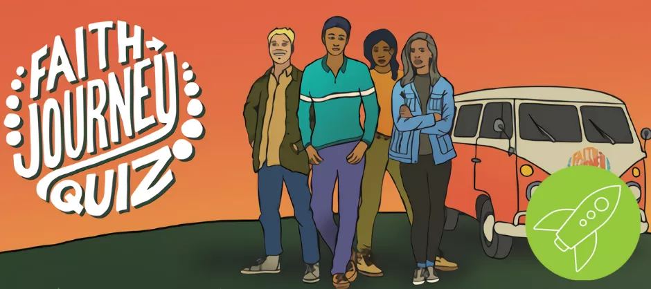 Faith Journey quiz logo with 4 people standing next to a Volkswagon van