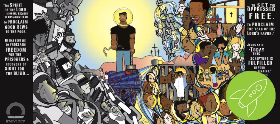 an artistic representation of Jesus breaking the chains of injustice