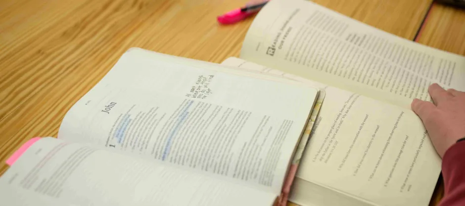 Individual engrossed in a book on a table, surrounded by a calm reading environment.