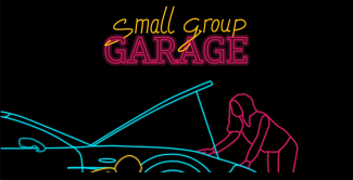 Neon sign saying "small group garage" with a outline person checking the hood of a car