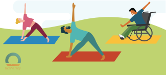 graphic of people in a lawn doing stretching and yoga - two are on a mat and one in a wheelchair
