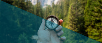 Holding a compass looking out over a forest