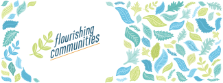 Flourishing Communities Banner with tri tone leaves green, teal, and light green.