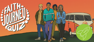 Faith Journey quiz logo with 4 people standing next to a Volkswagon van