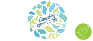 Green, teal, blue variety of leaves in a circle surrounding text reading "flourishing communities"