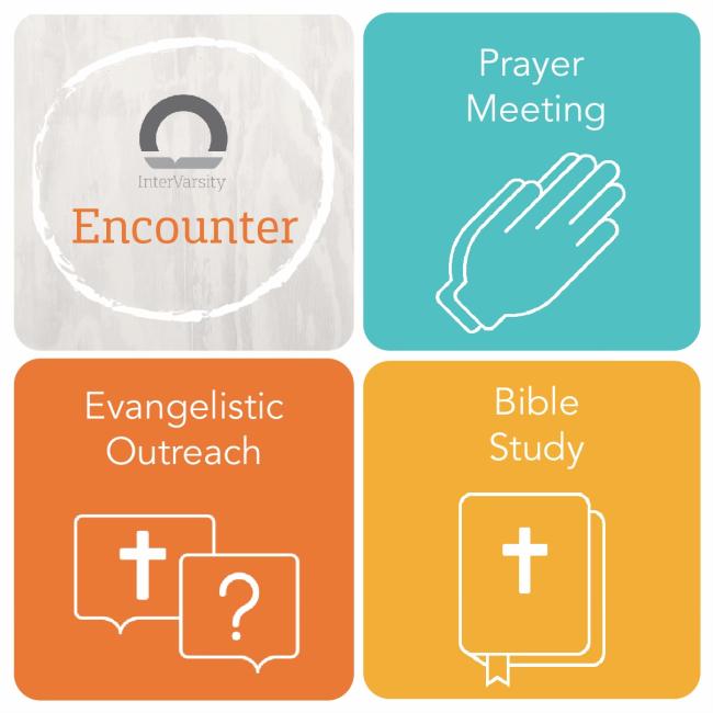 four quadrants of a square reading: Encounter, Prayer Meeting, Evangelistic Outreach, and Bible Study